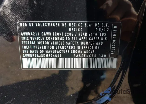 2013 Volkswagen Jetta 2.5L Se z USA, uszkodzony, nr VIN 3VWDP7AJ8DM374644